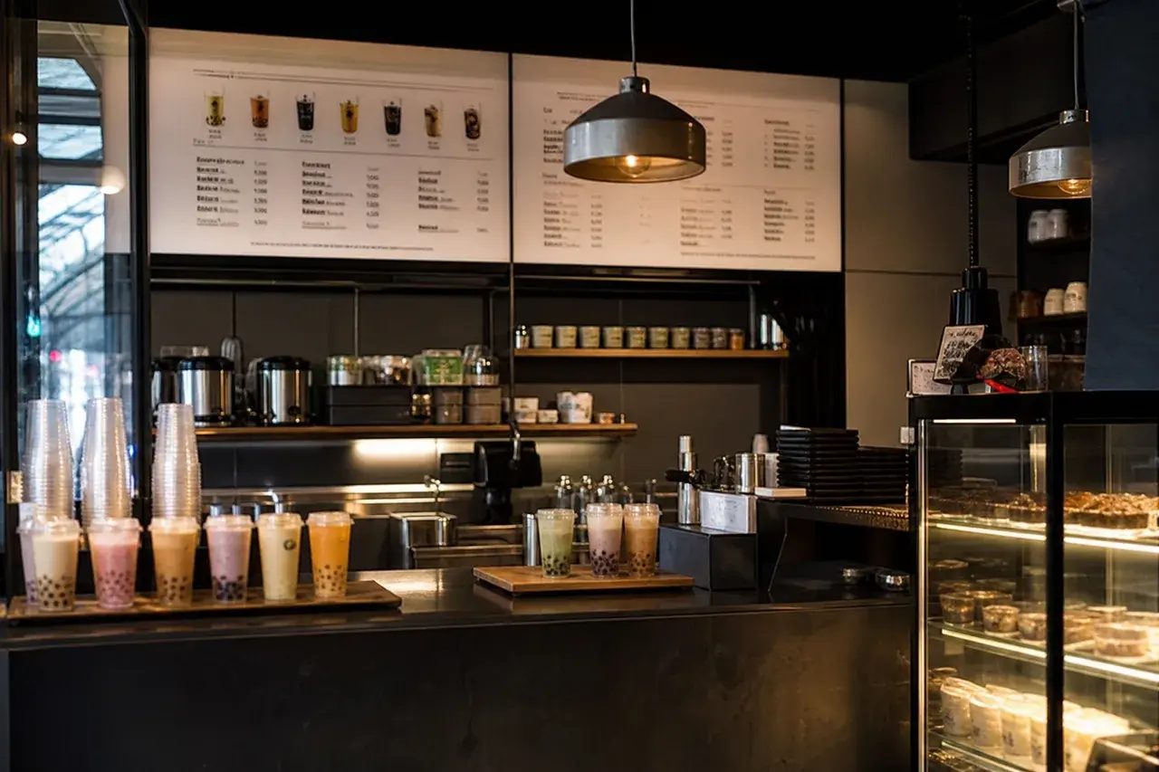 Moderner Bubble-Tea- und Asian-Café-Counter als natürliches Symbol für Hamburg